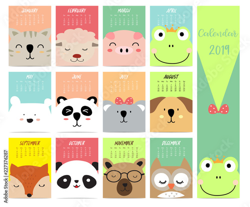 Cute monthly calendar 2019 with cat,sheep,pig,fox,bear,panda,owl for children.Can be used for web,banner,poster,label and printable