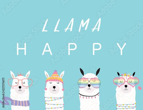 Blue violet hand drawn cute card with llama, glasses,cactus in summer.llama happy