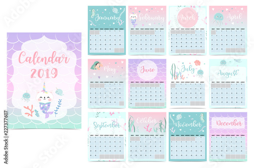 Cute rainbow monthly calendar 2019 with mermaid caticorn squid coral and sea horse.Can be used for web banner poster label and printable