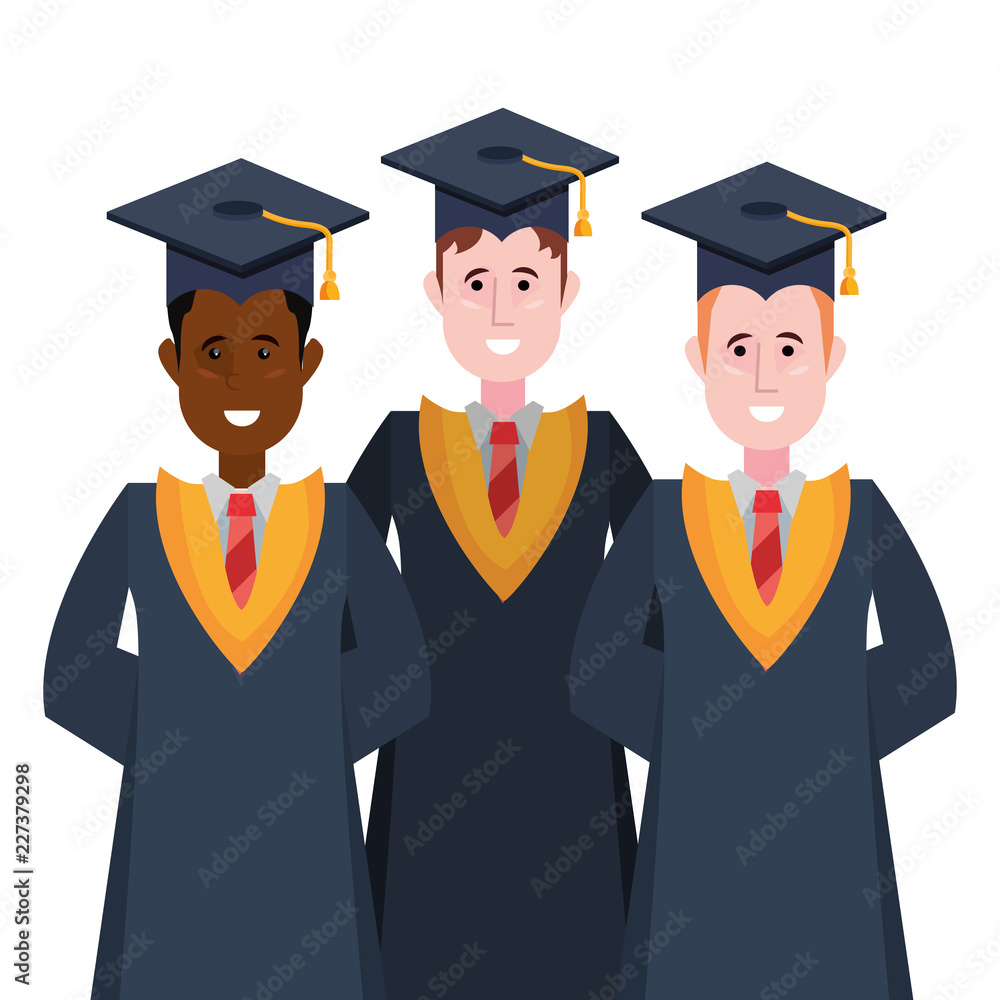 three graduate men in graduation robe three graduate men in graduation robe