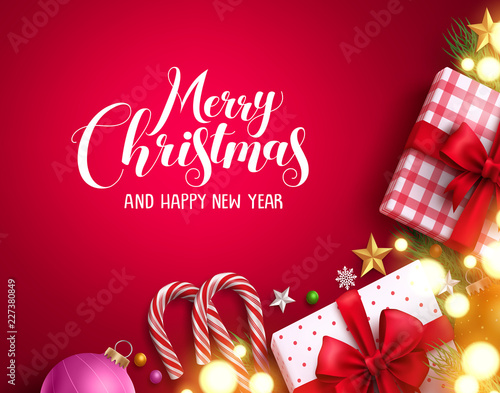 Christmas vector background banner with bright blurred lights, merry christmas greeting text and colorful elements in red background. Vector illustration.
