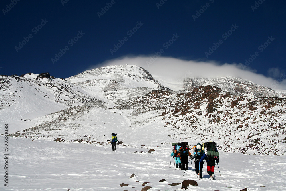 Mountaineers going up to Mount Agri (Ararat), Dogubeyazit, Turkey. Mount Agri is the highest mountain in Turkey and it is believed that Noah Ark is there.