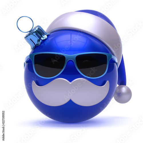 Christmas ball Santa Claus hat emoticon blue white. Happy New Year bauble cartoon mustache face decoration. Merry Xmas cheerful funny sunglasses person laughing character adornment. 3d rendering