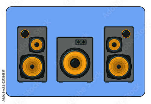 two stereo speakers and subwoofer on blue background