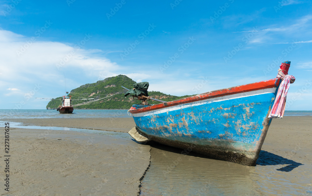 Blue Fishing Boat on Sam Roi Yod Beach Prachuap Khiri Khan Thailand Right 2