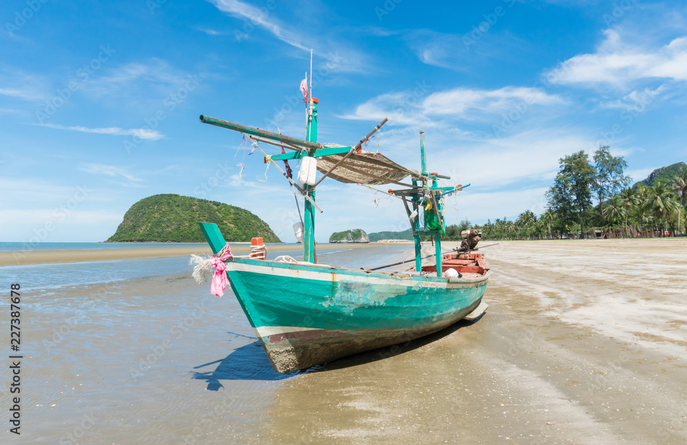 Green Fishing Boat at Sam Roi Yod Beach Prachuap Khiri Khan Thailand Center Green Fishing Boat at Sam Roi Yod Beach Prachuap Khiri Khan Thailand Center