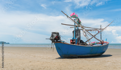 Blue Fishing Boat on Sam Roi Yod Beach Prachuap Khiri Khan Thailand Right