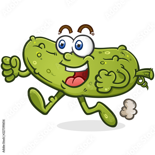 A happy smiling green pickle cartoon mascot on a brisk jog