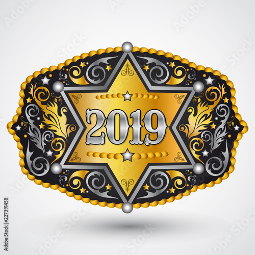 2019 year western cowboy belt buckle with sheriff badge vector design