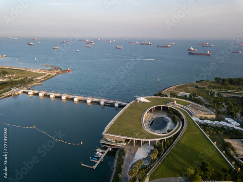 Photography The Marina Barrage in Singapore city aerial view