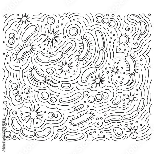Probiotics vector illustration doodles. Bacteria cells frame banner.