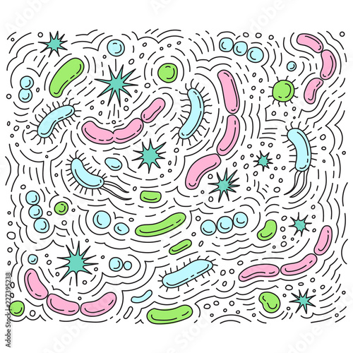 Probiotics vector illustration doodles. Bacteria cells frame banner.