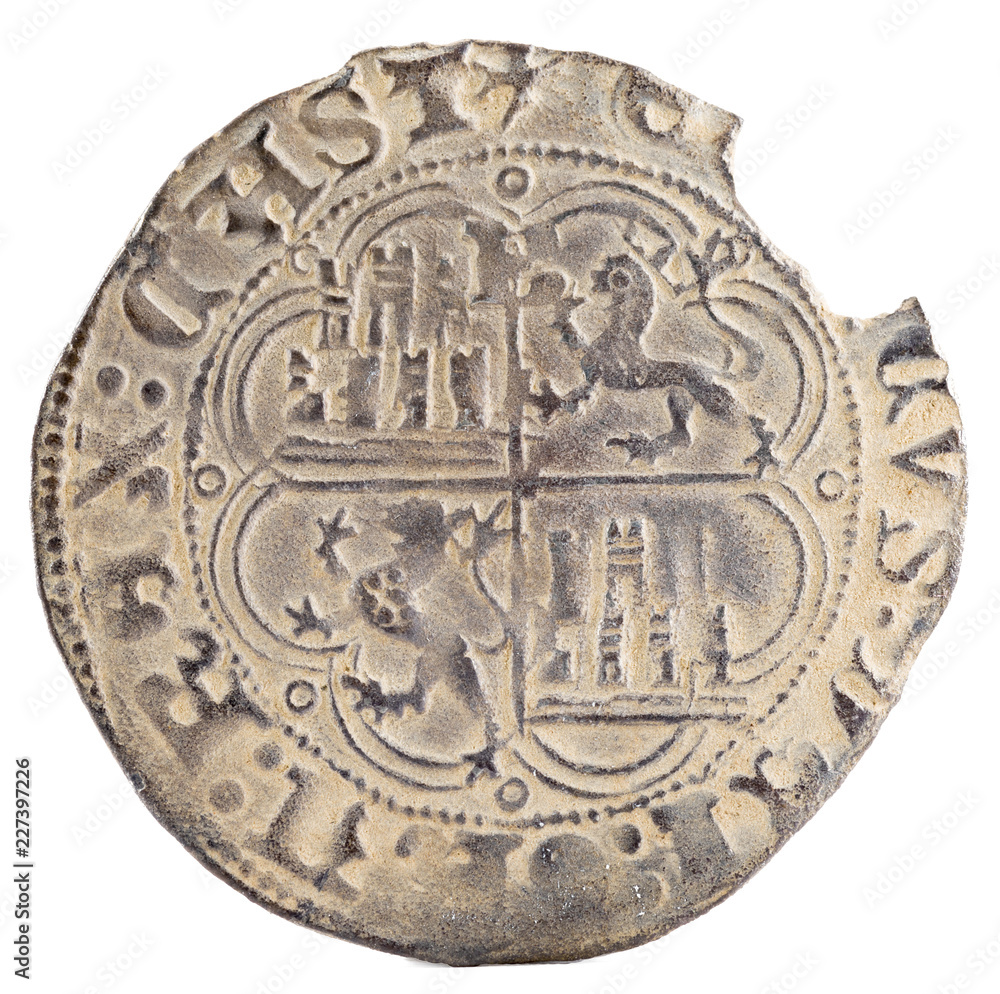 Ancient medieval silver coin of the King Enrique IV. Half real. Coined in Burgos. Spain. Reverse. Ancient medieval silver coin of the King Enrique IV. Half real. Coined in Burgos. Spain. Reverse.