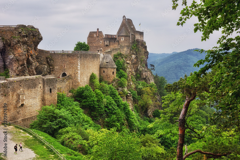 Old castle ruins with the view to Danube river valley. Aggstein, Austria, Wachau valley, popular travel destination.