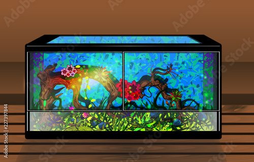 Florarium, serpentarium realistic illustration. Home for exotic pets, paludarium for frogs, reptiles. Vector illustration of amphibian tanks for pet shop. Rainy forest animals home.