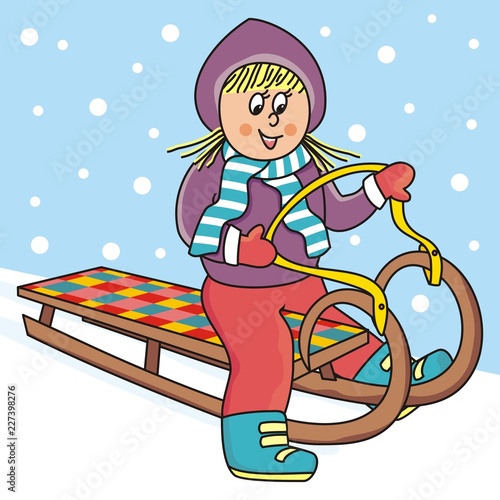 Girl on a sleigh, vector illustration