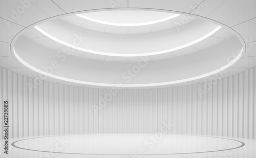 Modern white space interior with circle shape 3d render.A room with a ceiling in the shape of a circle up to several floors.