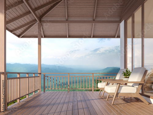 Vászonkép Wood house terrace with mountain 3d render, There are wood floor