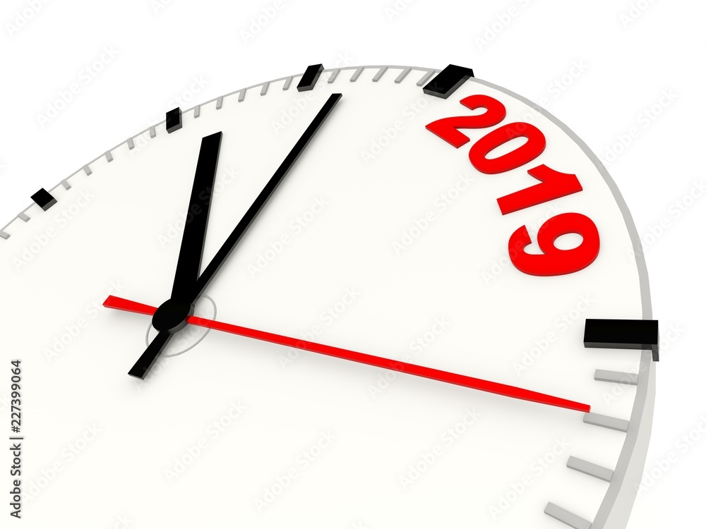 Clock with 2019 New Year sign isolated on white Clock with 2019 New Year sign isolated on white