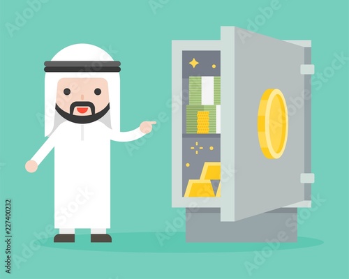 Arab Businessman showing banknote and gold in safe box