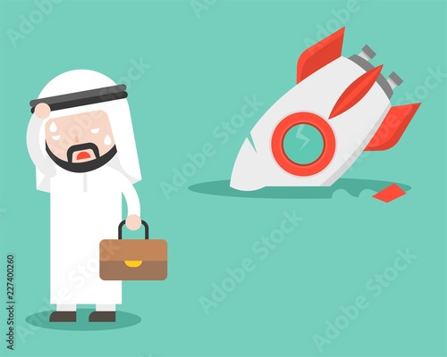 Arab Businessman with broken rocket, flat design, unsuccessful concept