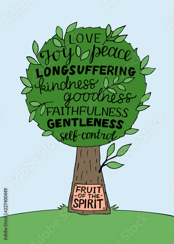 Hand lettering with bible verse The fruit of the Spirit with tree.