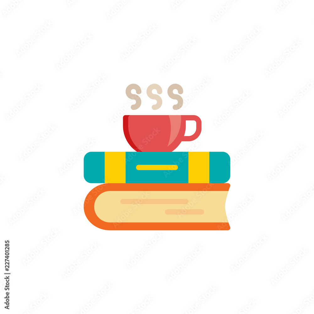 Books and coffee cup flat icon, vector sign, colorful pictogram isolated on white. Coffee break symbol, logo illustration. Flat style design Books and coffee cup flat icon, vector sign, colorful pictogram isolated on white. Coffee break symbol, logo illustration. Flat style design