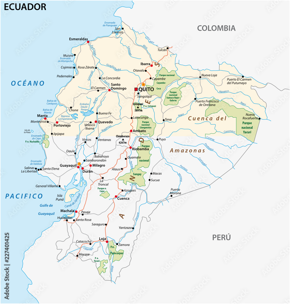 The republic of Ecuador road and national park vector map