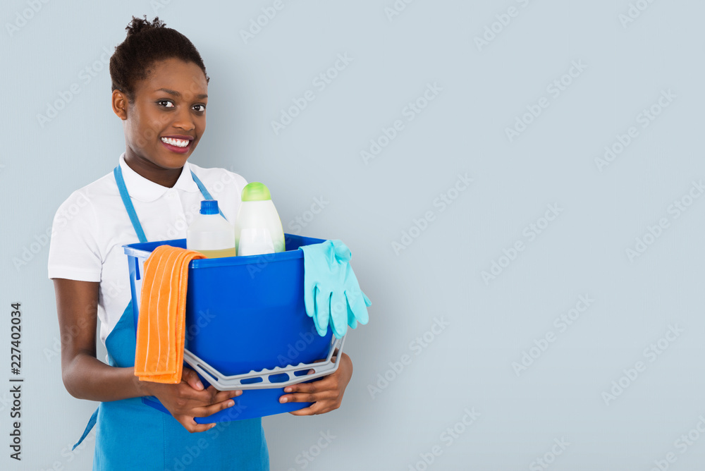 Smiling Female Janitor Holding Cleaning Equipment Smiling Female Janitor Holding Cleaning Equipment