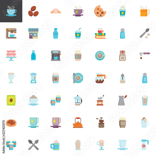 Coffee shop elements collection, flat icons set, Colorful symbols pack contains - Coffee cup, Croissant, Coffee machine, Milkshake, Tea cup, Grinder, Frappe. Vector illustration. Flat style design