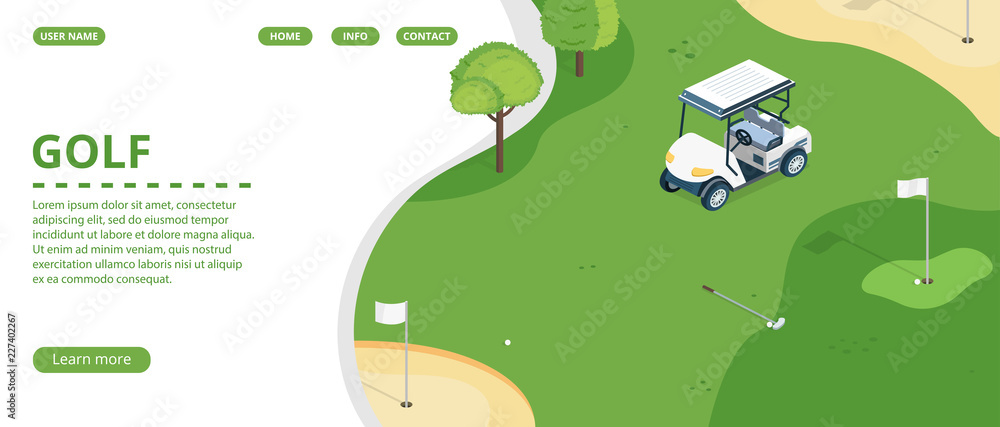 Vettoriale Stock Golf course, country sports club or resort flat vector web  banner, landing page with golf cart on green play field, holes with  flagsticks and sand traps illustration. Golf tournament web
