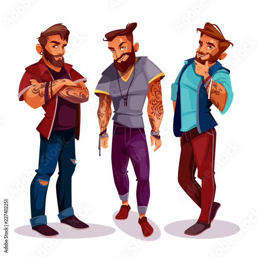 Vector cartoon Arab hipsters - company of young people with tattoos, trendy clothing. Muslims, guys with beards, handsome gentlemen isolated on white background. Attractive males with earrings.