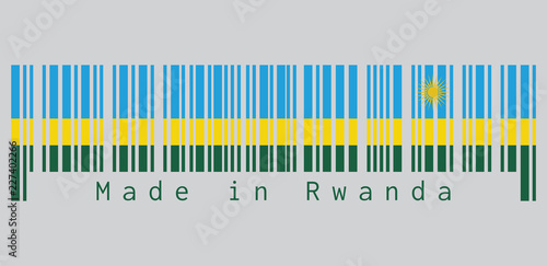 Barcode set the color of Rwanda flag, A horizontal tricolor of blue yellow and green with a yellow sun in the upper corner. text: Made in Rwanda, concept of sale or business.