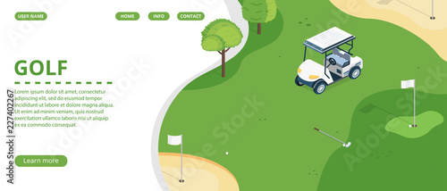 Golf course, country sports club or resort flat vector web banner, landing page with golf cart on green play field, holes with flagsticks and sand traps illustration. Golf tournament web page template © vectorpouch