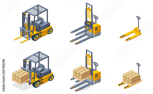 Warehouse hydraulic equipment for cargo, pallets lifting and loading isometric vector set isolated on white background. Forklift, pallet trolley, fork truck machines carrying parcels or packed goods