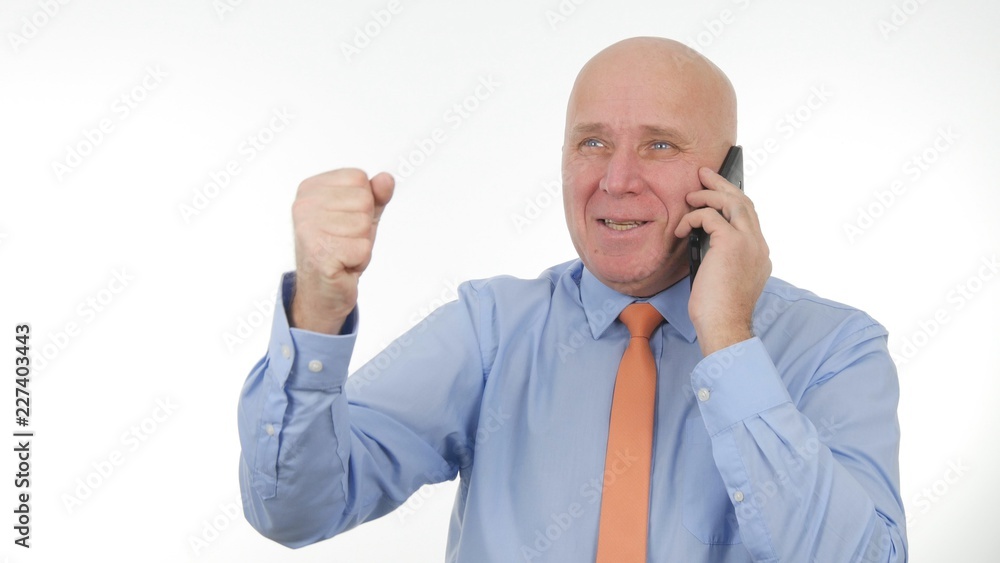 Happy Businessman Talking to Mobile Make Enthusiastic Hand Gestures Happy Businessman Talking to Mobile Make Enthusiastic Hand Gestures