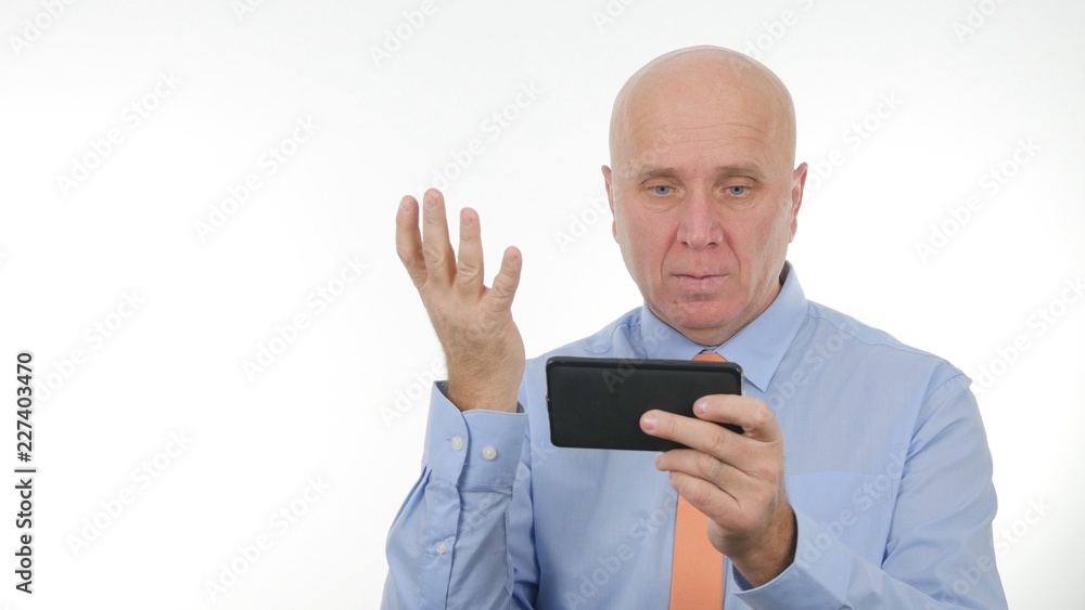 Disappointed Businessman Reading Cellphone Bad News Make Nervous Hand Gestures Disappointed Businessman Reading Cellphone Bad News Make Nervous Hand Gestures