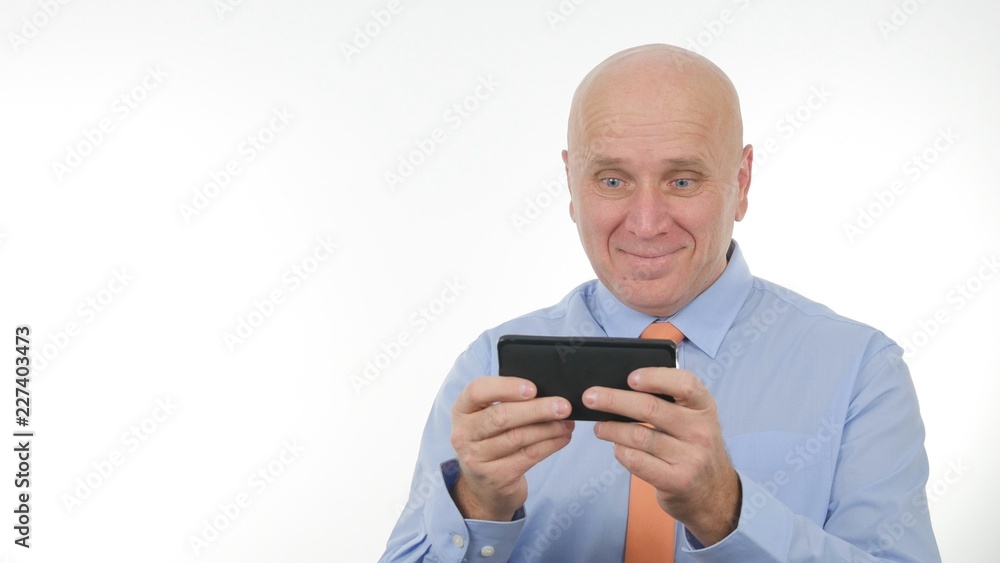 Businessman Gesticulate Happy Reading Financial Good News on Mobile Businessman Gesticulate Happy Reading Financial Good News on Mobile