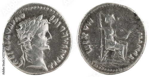 Canvas Print Ancient Roman silver denarius coin of Emperor Tiberius.