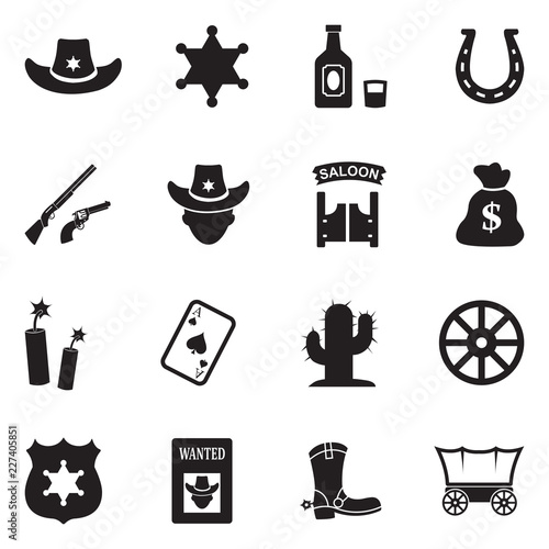 Cowboy Icons. Black Flat Design. Vector Illustration. 