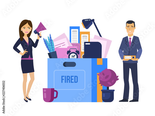 Fired, dismissal from work. Head manager, woman dismisses office worker.