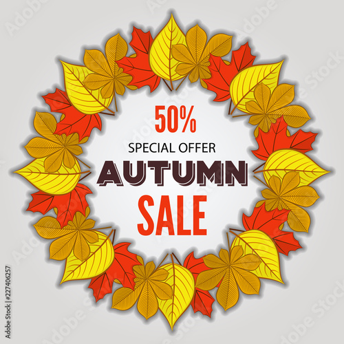 Autumn sale poster of discount promo web banner with fall leaves. Vector illustration.