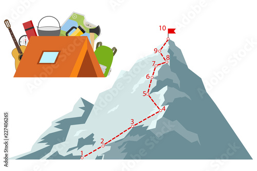 Route climber. Climber climb to the top. Way to success. Flat design, vector illustration, vector.