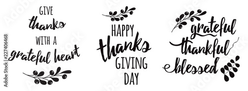 Thanksgiving set phrases Grateful thankful blessed text floral black autumn branch black
