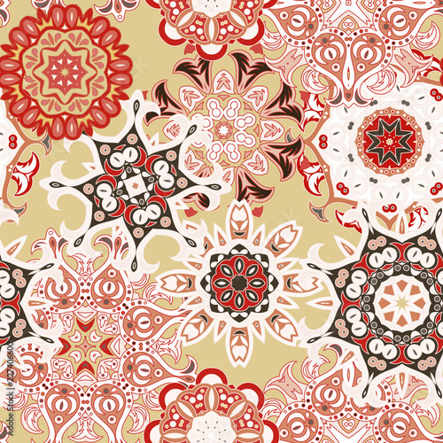 Seamless multicolor pattern with oriental mandalas. Islam, Arabic, Asian motifs. Kaleidoscope elements. Vintage lace mood. Fabric, wallpaper or wrap print