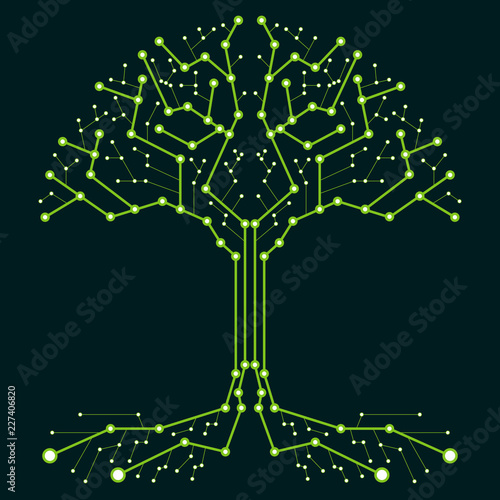 Technological tree in the form of a printed circuit board. Black and white wood in the form of connections of the technological board. Flat design, vector illustration, vector.