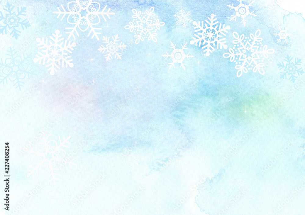 Blue Sky with Snowflakes on Winter  Watercolor Illustration background. 