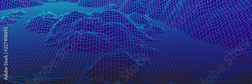 Digital landscape with mountains or hills made of line grid
