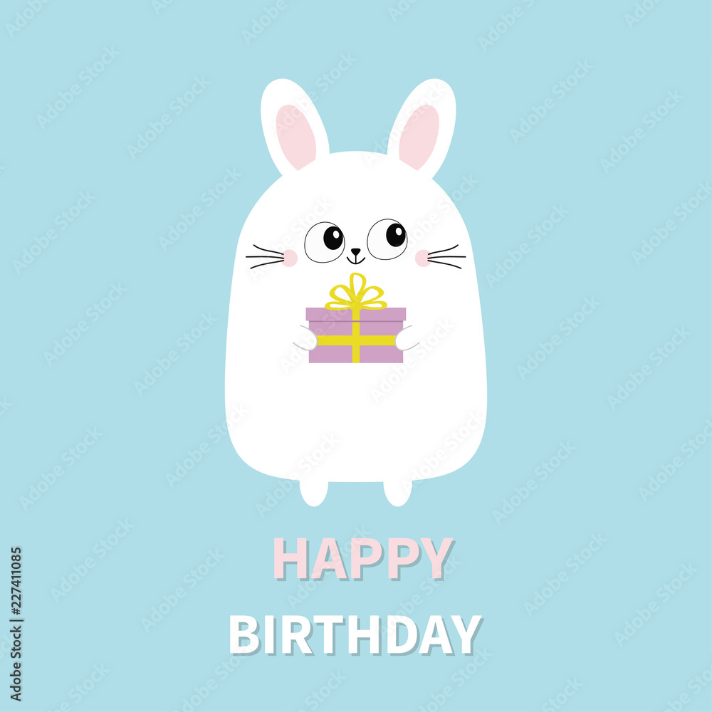 Fototapeta premium Happy Birthday. White bunny rabbit holding gift box. Funny head face. Big eyes. Cute kawaii cartoon character. Baby greeting card template. Blue background. Flat design.