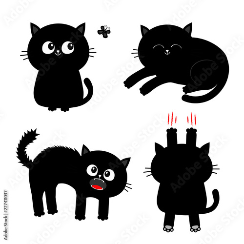 Fototapeta Naklejka Na Ścianę i Meble -  Cat set. Nail claw scratch, sitting, screaming, sleeping, looking at butterfly. Black kitten. Cute cartoon funny character Baby pet collection White background Isolated Flat design